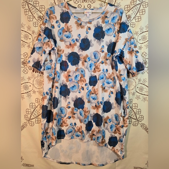 LuLaRoe Irma Floral Short Sleeve Tunic Blue and Tan XS - Picture 1 of 2